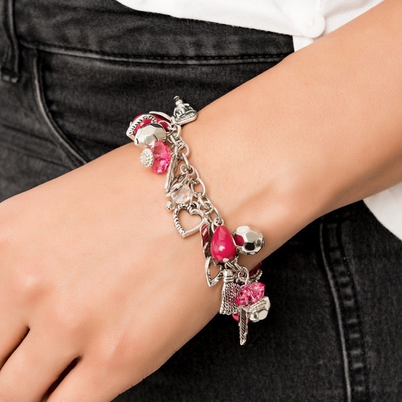 Charm bracelet pink and silver charms. - Picture 2 of 6